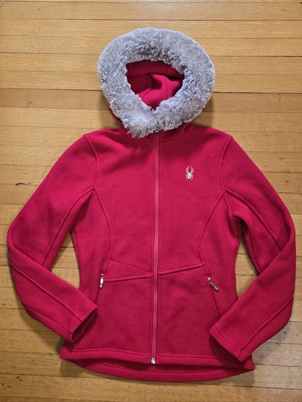 Spyder, Red Knit Faux Fur Trim Full Zip Hooded Jacket, EUC, Women's M